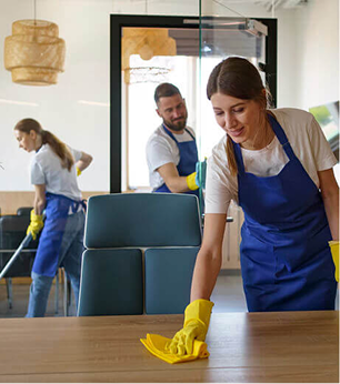 Cleaning team in blue aprons